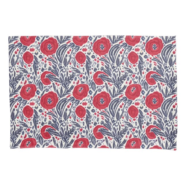 Floral Red White & Blue Botanical Poppies  Pillowcase (Front)