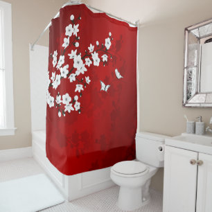 Floral Red White Cherry Blossom Oriental Shower Curtain