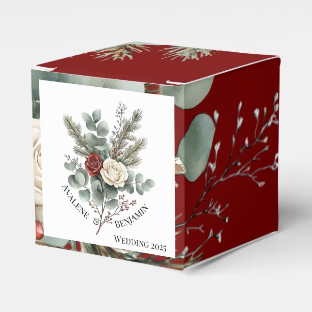 Floral Red White Christmas Rose Wedding  Favour Box (Front Side)