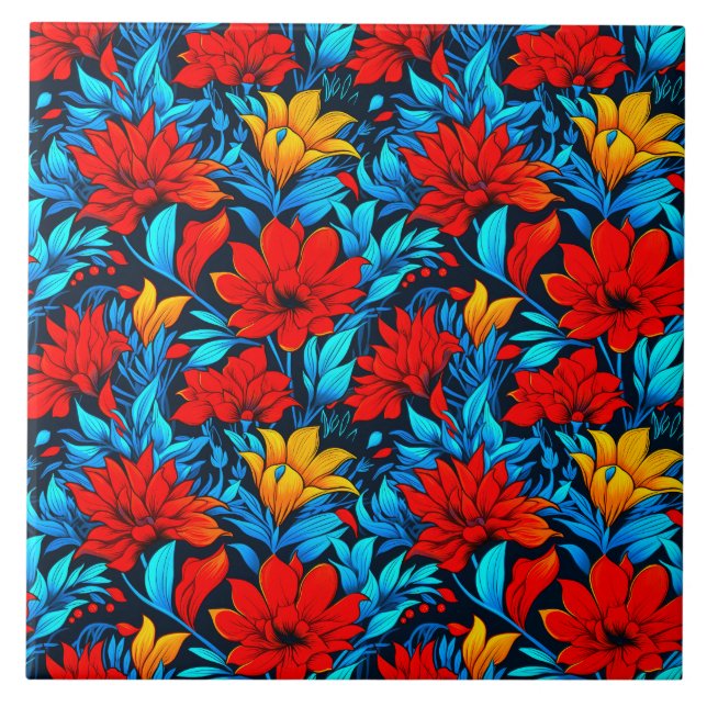 Floral Red yellow Flowers Pattern-13075 Ceramic Tile (Front)