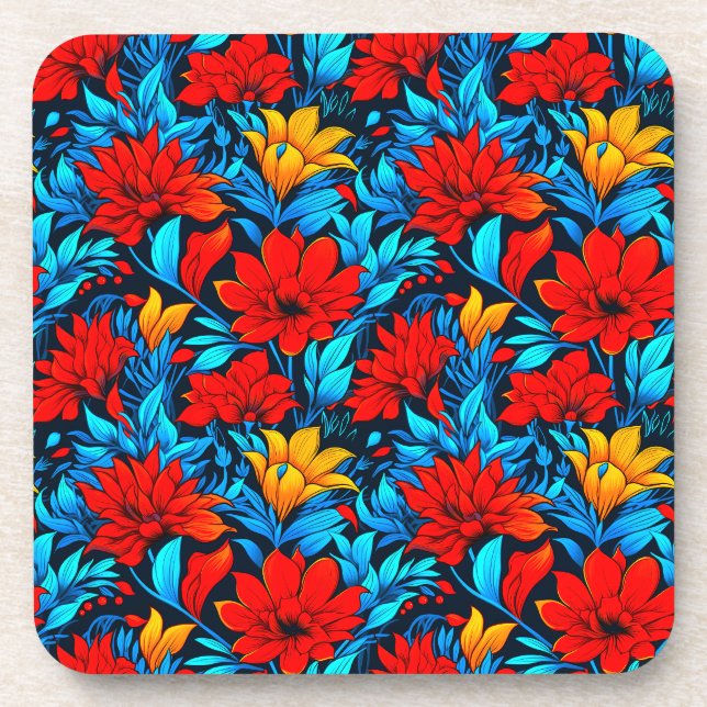 Floral Red yellow Flowers Pattern-13075 Coaster (Front)
