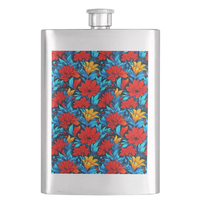 Floral Red yellow Flowers Pattern-13075 Hip Flask (Front)