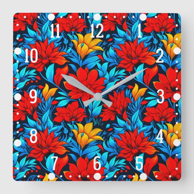 Floral Red yellow Flowers Pattern-13075 Square Wall Clock (Front)
