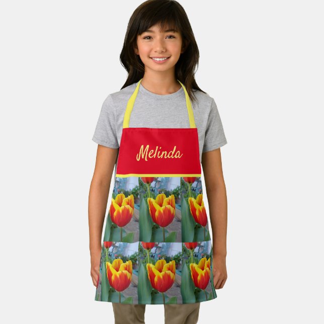 Floral Red Yellow Tulip Flower Girls Kids Apron (Insitu)
