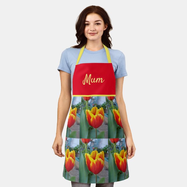 Floral Red Yellow Tulip Flower Mothers Mum Apron (Worn)
