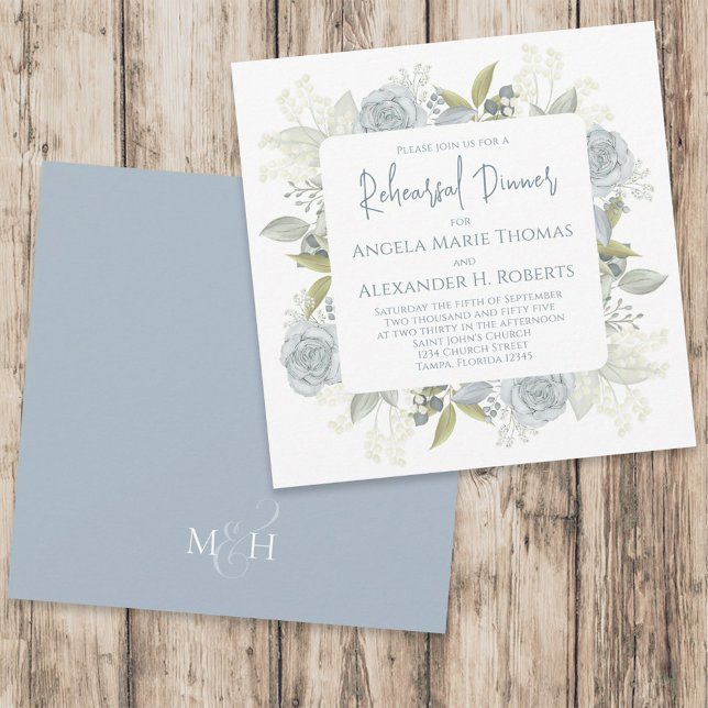 Floral Rehearsal Dinner Dusty Blue Rose Flower Invitation (Creator Uploaded)