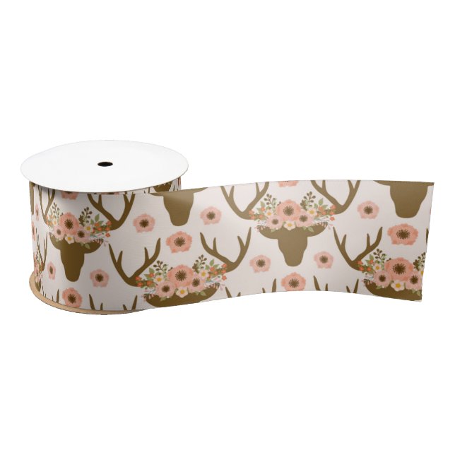 Floral Reindeer Antler Head Boho Rustic Pink Satin Ribbon (Spool)