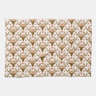Floral Reindeer Antler Head Boho Rustic Pink Tea Towel