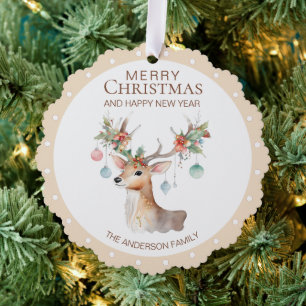 Floral Reindeer Beige Christmas Ornament Card