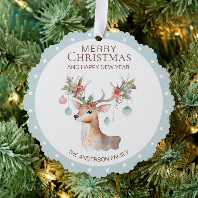 Floral Reindeer Blue Christmas Ornament Card (Insitu (Tree))