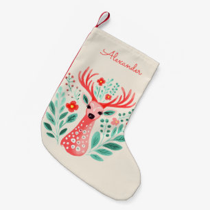 Floral Reindeer Custom Name Small Christmas Stocking