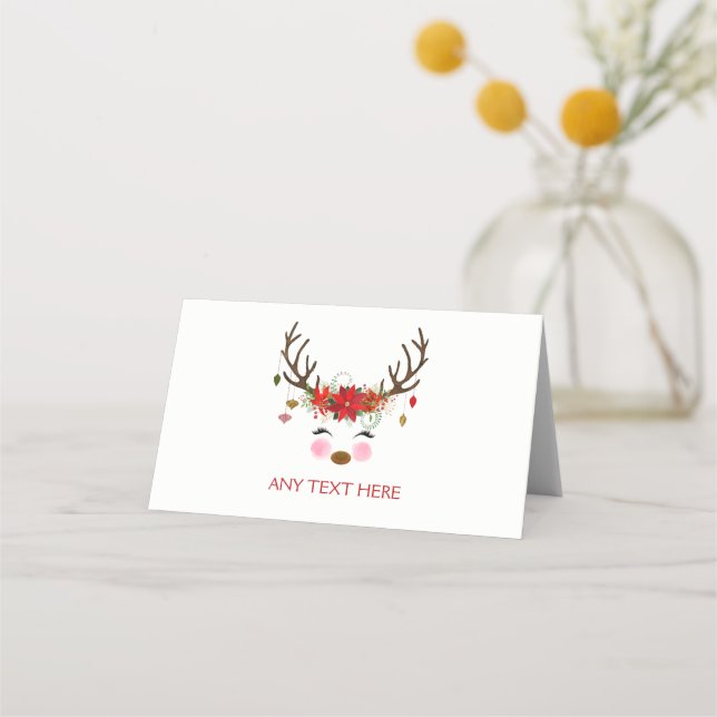 Floral Reindeer Holiday Christmas Party Food Tent Place Card (Front)