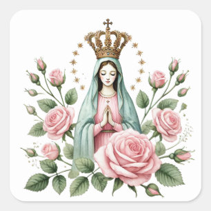 Floral Religious Mother Mary Pink Roses Square Sticker