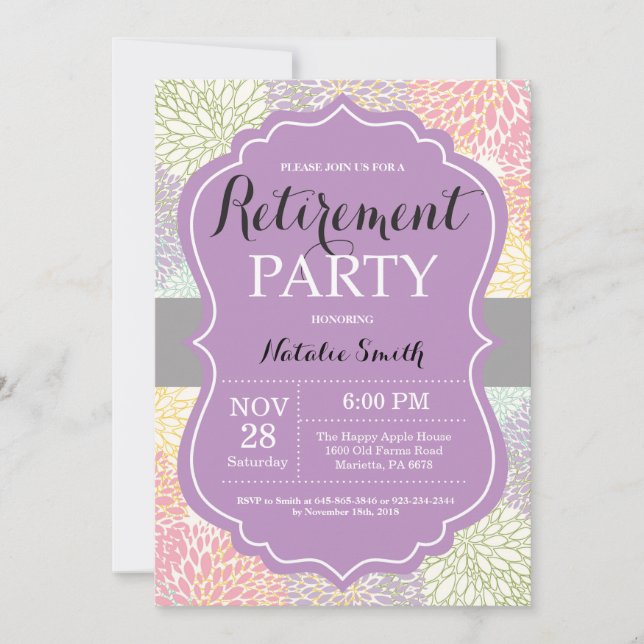 Floral Retirement Party Invitation Card Purple (Front)