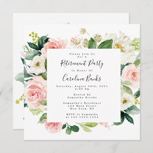 Floral Retirement Party Invitations, Square Invitation (Front/Back)