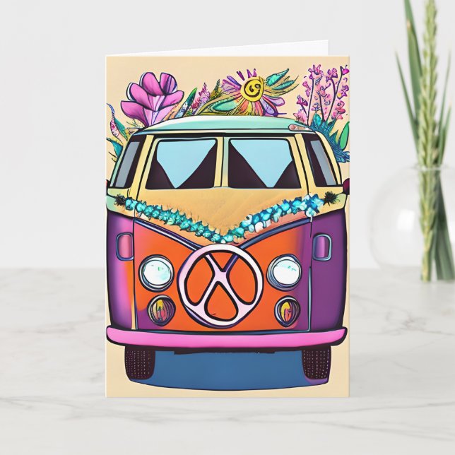 Floral Retro 1970's Van | Groovy Birthday Card (Front)