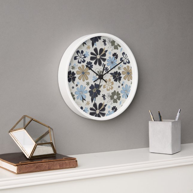 Floral Retro Blue Pattern Decor Clock (Floral Retro Blue Pattern Decor Clock from Studio Posies.)