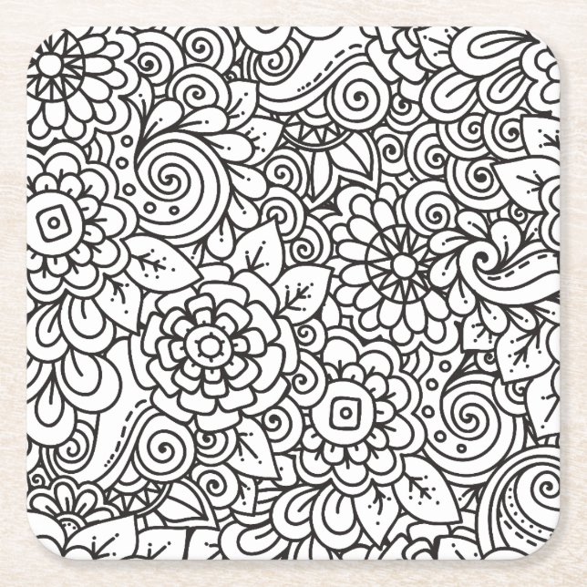 Floral Retro Doodle Square Paper Coaster (Front)