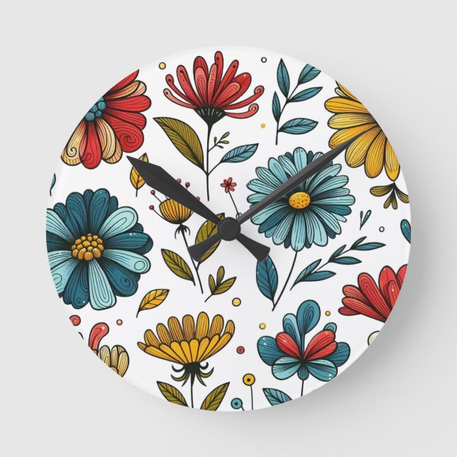 Floral Retro Folk Art Round Clock (Front)
