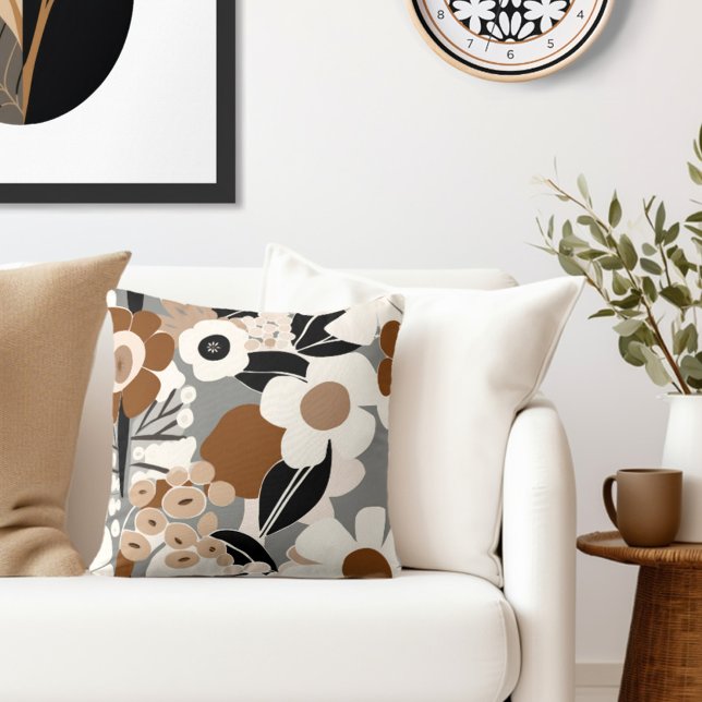 Floral Retro Mid Century Modern Cushion (Add a touch of retro floral elegance to your living space with our Wild on Flowers throw pillow. )