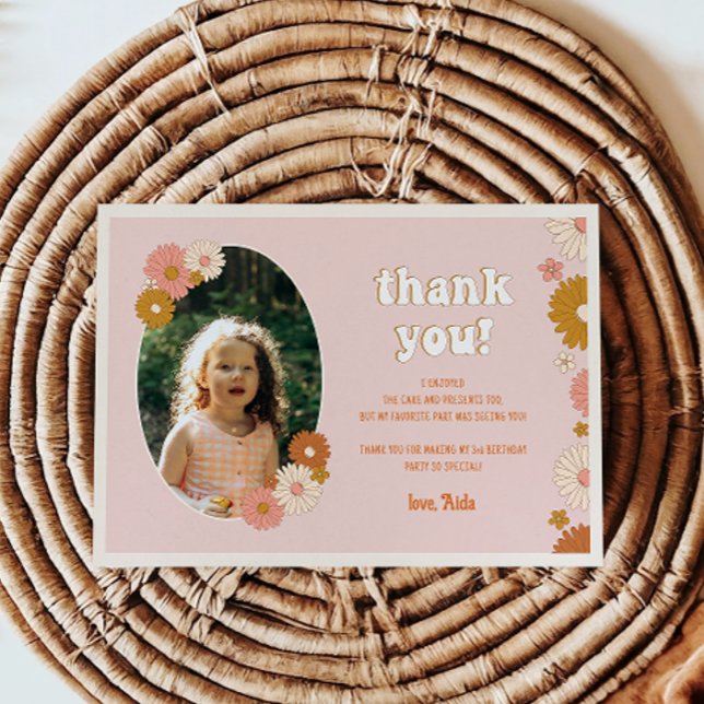 Floral Retro Photo Birthday Thank You Card (Creator Uploaded)