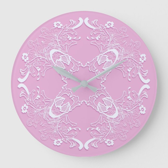 Floral retro pink lace design. large clock (Front)