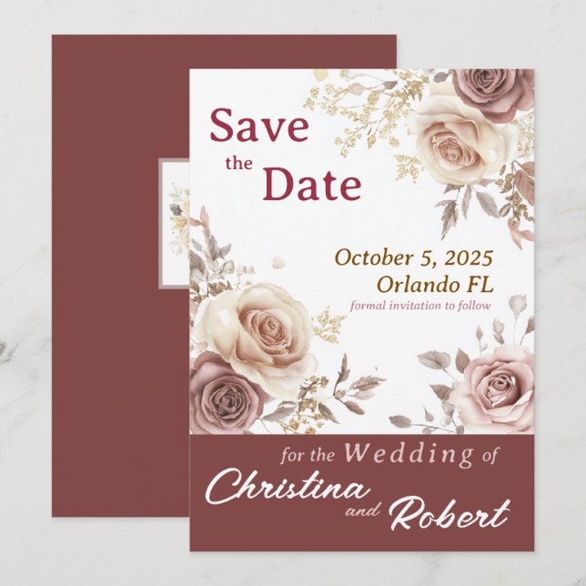 Floral Retro Rose Save the Date Wedding Invitation (Front/Back)