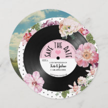 Floral retro vinyl Record Photo Save the Date  Inv