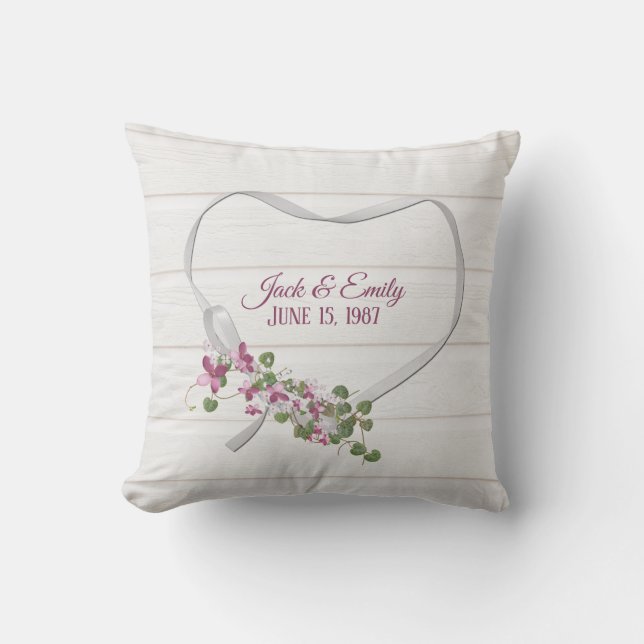 Floral Ribbon Heart with Wedding Date Cushion (Front)