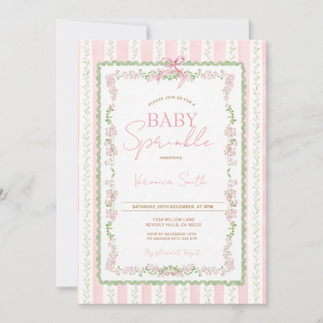 Floral Ribbon Pink Baby Sprinkle Invitation (Front)