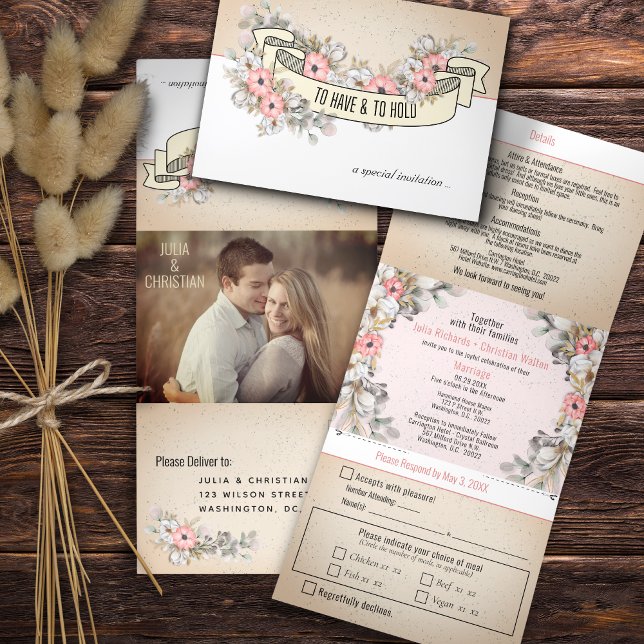 Floral Ribbon Trifold Wedding Invitation w/ RSVP (Creator Uploaded)