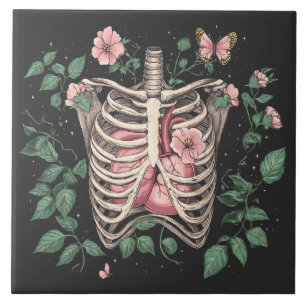 Floral Ribcage and Heart Botanical Illustration Ceramic Tile