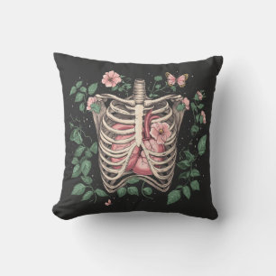 Floral Ribcage and Heart Botanical Illustration Cushion
