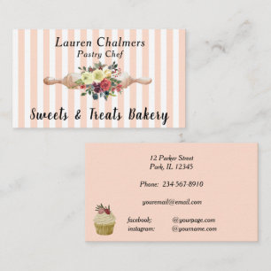 Floral Rolling Pin-Blush Pink Stripe-Pastry Chef Business Card