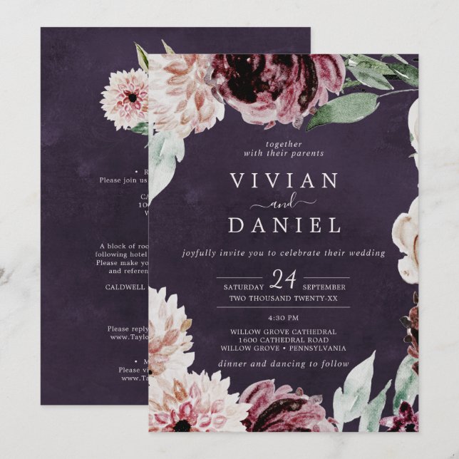 Floral Romance All In One | Plum Wedding Invitation (Front/Back)