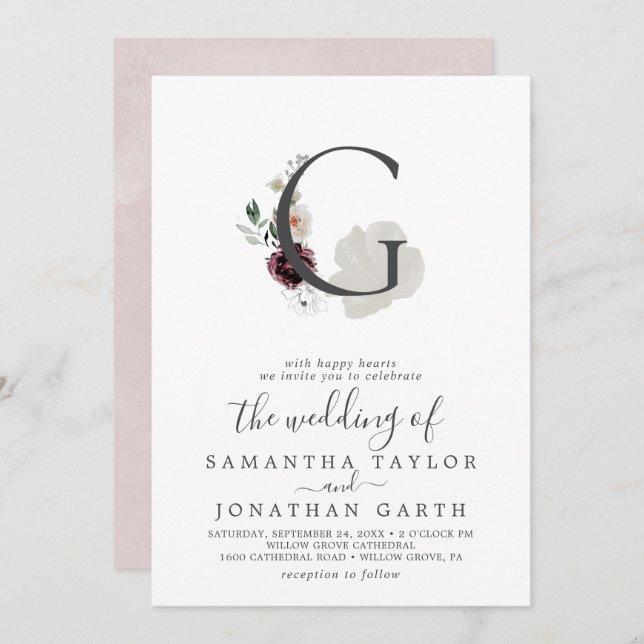 Floral Romance Letter G Monogram Wedding Invitation (Front/Back)