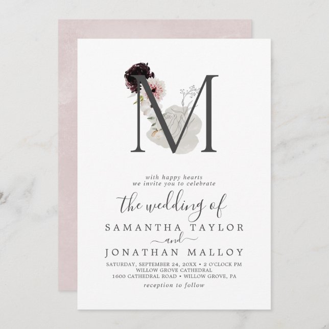 Floral Romance Letter M Monogram Wedding Invitation (Front/Back)