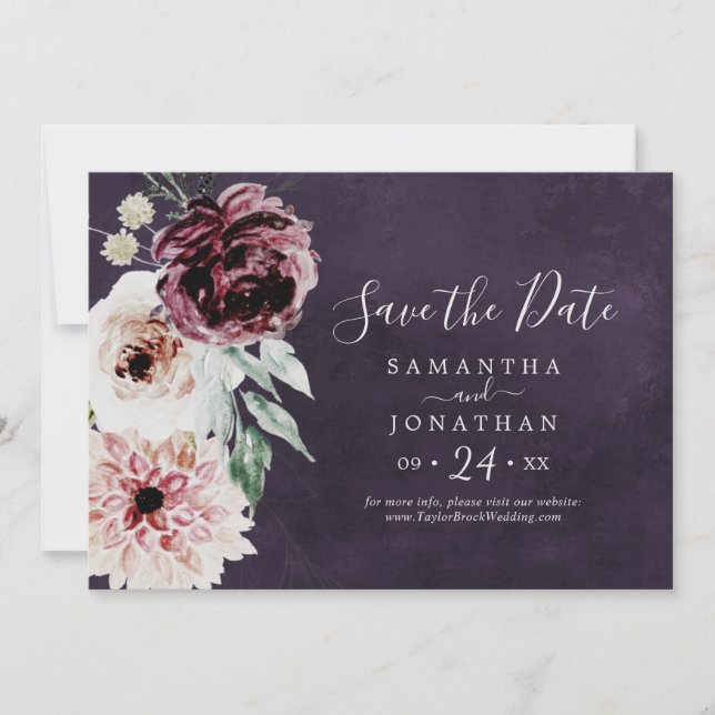 Floral Romance | Plum Horizontal Save The Date (Front)