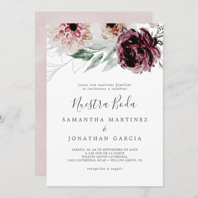 Floral Romance Spanish Nuestra Boda Invitation (Front/Back)