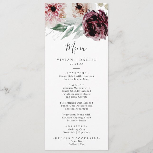 Floral Romance Wedding Dinner Menu (Front)
