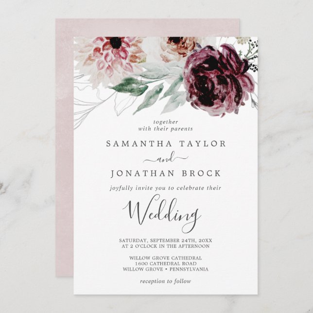 Floral Romance Wedding Invitation (Front/Back)