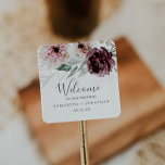Floral Romance Wedding Welcome Square Sticker<br><div class="desc">These floral romance wedding welcome stickers are perfect for an elegant wedding. The modern rustic boho design features romantic watercolor flowers in soft tones of burgundy, mauve, blush pink and cream white with green leaves. Personalise these stickers with the location of your wedding, names, and wedding date. These labels are...</div>
