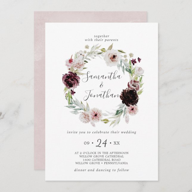 Floral Romance Wreath Wedding Invitation (Front/Back)