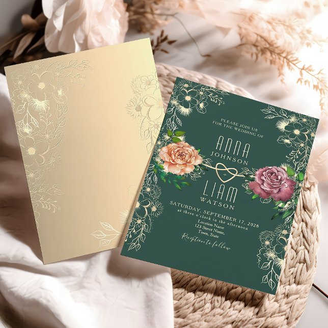 Floral Romantic Emerald Green Wedding Invitation (Creator Uploaded)