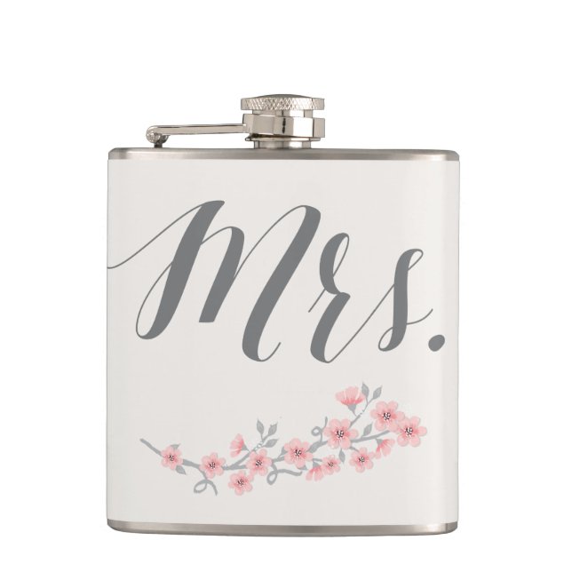 Floral Romantic Flask Wedding Gifts Pink Mrs. (Front)