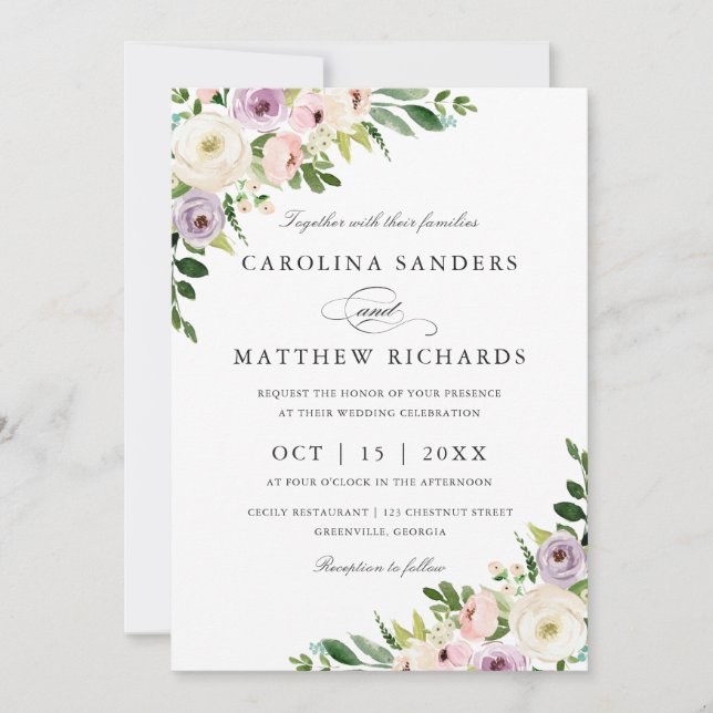 Floral Romantic Modern Elegant Wedding Invitation (Front)