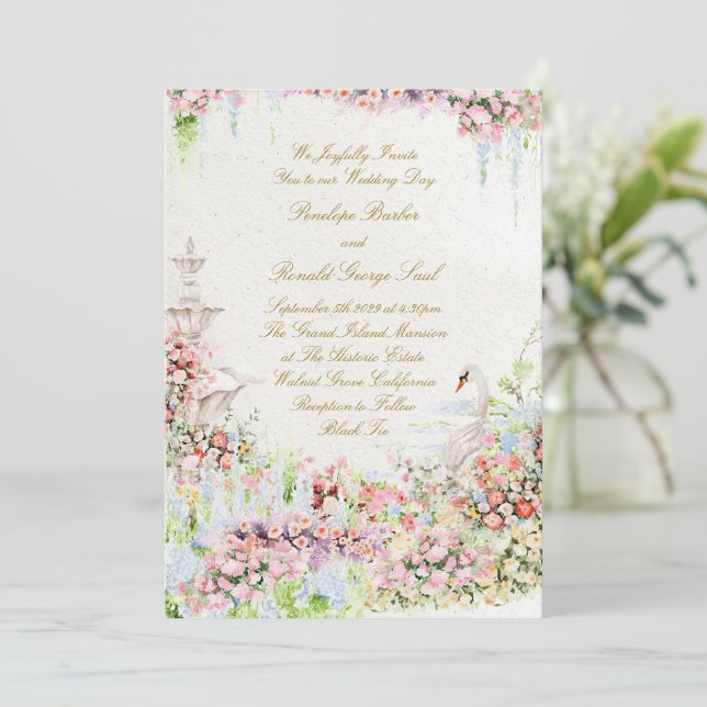 floral romantic swan chic calligraphy wedding invitation (Standing Front)