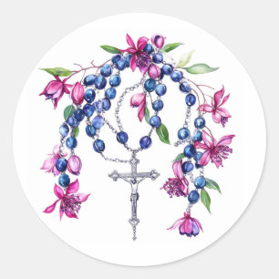 Floral Rosary Cross Jesus Religious Christian Art Classic Round Sticker