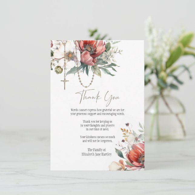  Floral Rosary Photo  Funeral Condolence Sympathy Thank You Card (Standing Front)