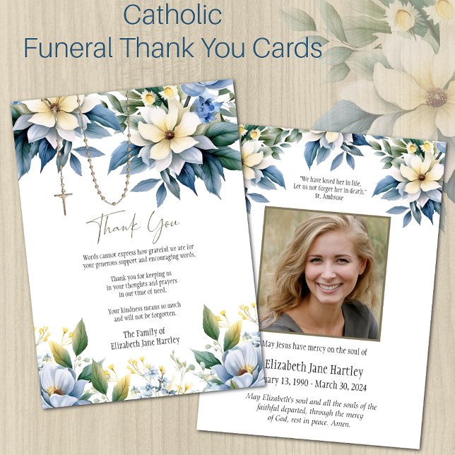  Floral Rosary Photo  Funeral Condolence Sympathy Thank You Card (Creator Uploaded)